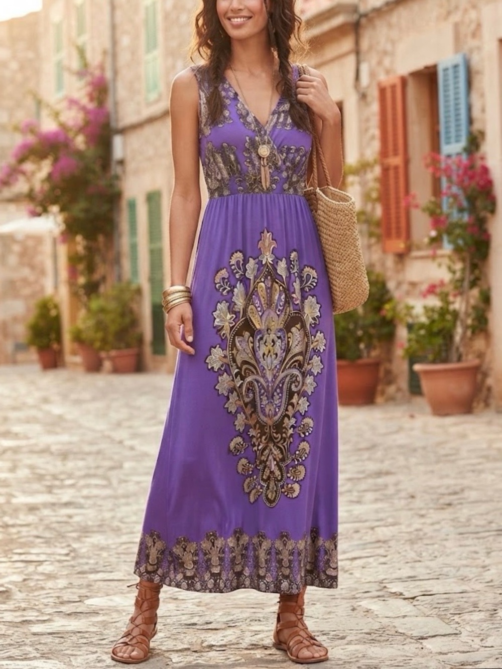NEW Size S Mlle Gabrielle Purple Paisley Faux Wrap V-Neck Stretch Maxi Dress